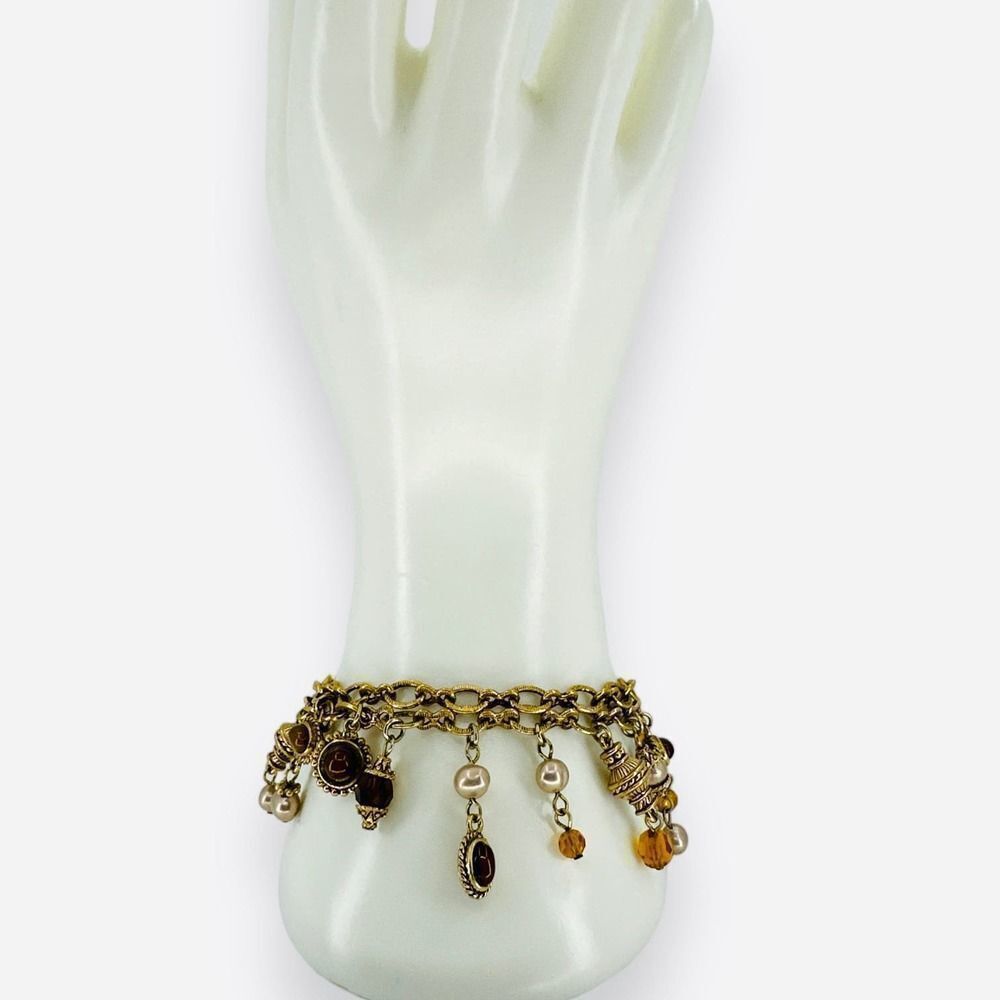 NAPIER BRACELET Double Strand Dangle Beaded Gold Tone Chain Spring Ring Clasp